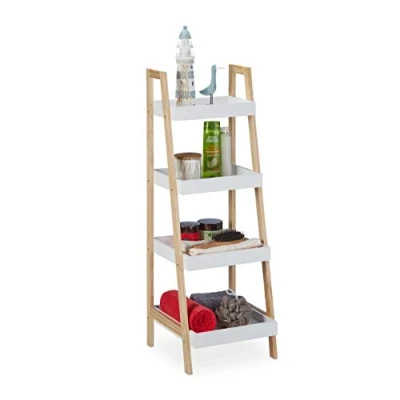 Image of Relaxdays Bamboo Bathroom Caddy, 4 Shelves, Scandinavian Look, Free Standing, HWD: 98.5 x 34.5 36 cm, White/Natural