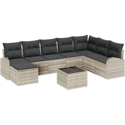 Image of vidaXL 9 Piece Garden Sofa Set with Cushions Grey Poly Rattan