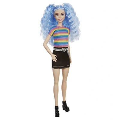 Image of Barbie Fashionistas Doll #170 with Long Blue Crimped Hair, Star Face Makeup, Multi colour Striped Tee, Denim Skirt, Black Boots &amp; Silvery Chain Belt, Toy for Kids 3 to 8 Years Old, GRB61