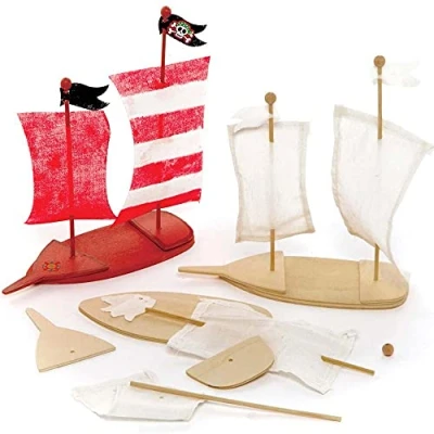 Image of Baker Ross FE274 Wooden Pirate Ship Kits Pack of 3, Crafts for Children to Decorate and Display, Kids Educational Activity