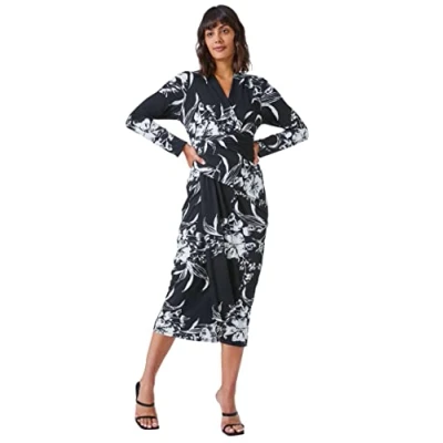 Image of Roman Originals Floral Fitted Jersey Wrap Dress for Women UK Ladies Spring Everyday Summer Holiday Autumn Winter Pull On Comfy Soft Vacation Work Black Size 10