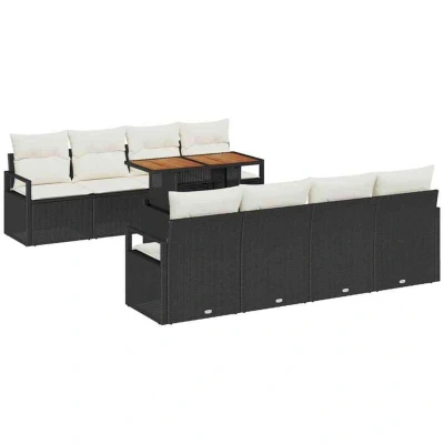 Image of vidaXL 9 Piece Garden Sofa Set with Cushions Black Poly Rattan Acacia