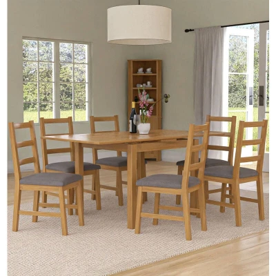 Image of Hallowood Furniture Waverly Extending Dining Table and Chairs Set 6, Light Oak Extendable Ladder Back with Grey Fabric Seat, Small for Home Cafe