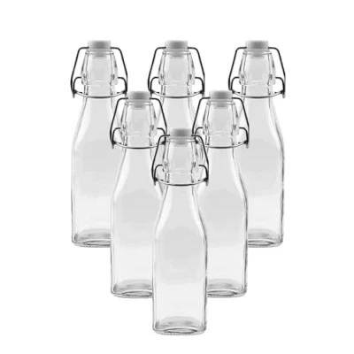 Image of simpa Vintage Style Clear Glass Bottles with Swing Top Lids. Square 250ml Set of 6
