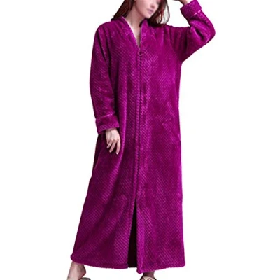 Image of DSNOW Ladies Zip Fleece Waffle Long Dressing Gown Fluffy Towelling Bathrobe Sleepwear, Blue, L
