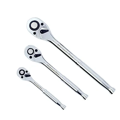 Image of MichaelPro 3 Piece Quick Release Ratchet Set with Teardrop Head, 90 Tooth Full Polished Chrome Solid Handle, 1/4, 3/8, 1/2 Inch MP006009