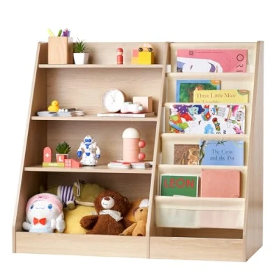 Image of VEVOR 4 Tier Kids Wooden Bookshelf, Six Layer Sling Bookcase, Baby Storage Book Rack, Toy Organizer Cabinet, for Room, Playroom, Kindergarten, Nursery