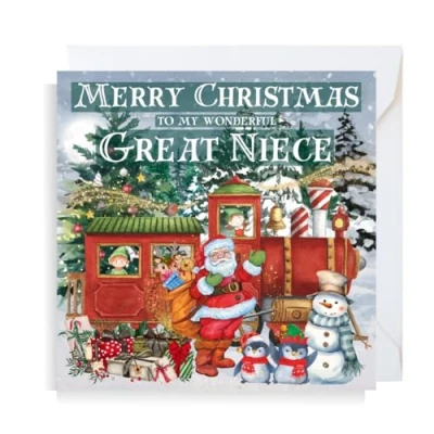 Image of Second Ave Great Niece Christmas Train Santa Snowman Children&#039;s Kids Square Xmas Holiday Festive Greetings Card