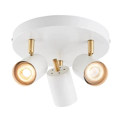 Image of Quinn Adjustable 3 Way Spotlight IP20 Rated Dimmable Ceiling Spot Lighting Decorative Led Kitchen Light Fittings Round Semi Flush Spots GU10 Matt White and Brushed Gold