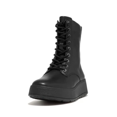 Image of Fitflop Women&#039;s F Mode Leather LACE UP Flatform Ankle Boots, Black, 6 UK