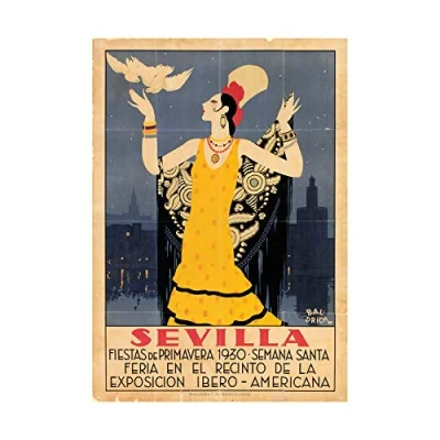 Image of Wee Blue Coo Travel Seville Spain American Festival Woman Bird Picture Wall Art Print