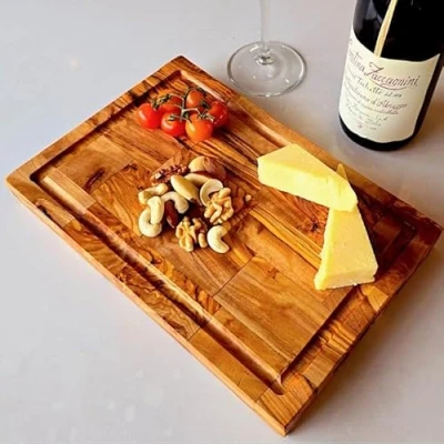 Image of Large Heavy Rectangular Charcuterie Premium End Grain Olive Wood Cutting Board Butcher Block with Juice Groove, Reversible Duty Chopping for Meat, Vegetables, and Cheese (30 x 20 cm)