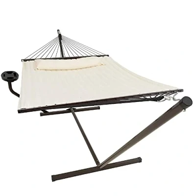 Image of Vita5 Hammock with Stand and Sidetable 2 Person Garden Hammocks Cup Holder &amp; Detachable Pillow Heavy Duty 200kg Capacity, Indoor Outdoor Hammock: Patio, Pool, Backyard Beige