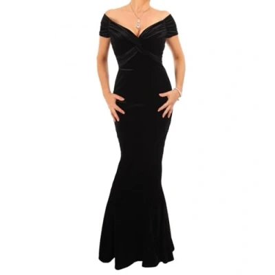Image of Women&#039;s Velour Velvet Off The Shoulder Bardot Maxi Dress Black Size 12