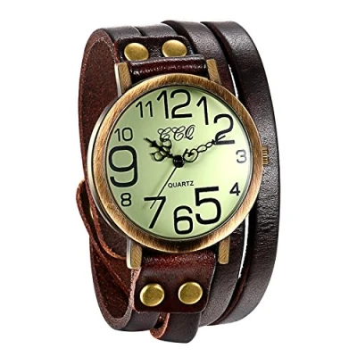 Image of JewelryWe Vintage Leather Bracelet Watch Men Women Wristwatch Ladies Dress Quartz Watches (Brown)