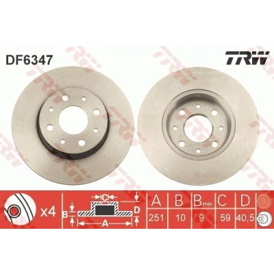Image of 51805559, 51865104, 51865132 Brake disc TRW DF6347 251mm 10mm 4 98mm solid Painted ALFA ROMEO: MiTo