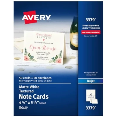 Image of Avery Printable Note Cards, Inkjet Printers, 50 Cards and Envelopes, 4.25 x 5.5, Heavyweight, Textured (3379) for Birthday