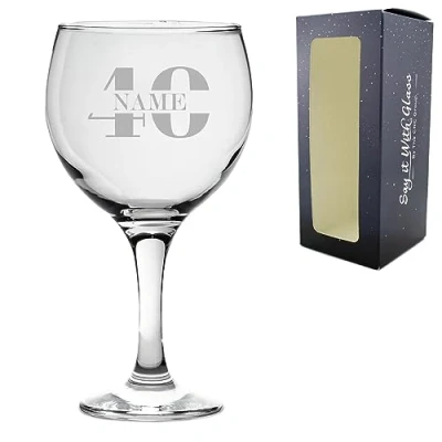 Image of Personalised Engraved Gin Balloon Cocktail Glass with Name in 40 Design, Personalise Any Name, Gift Box Included, Laser Engraved, 40th Birthday