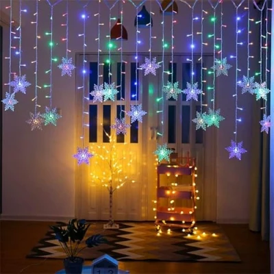 Image of ABIN Christmas LED Snowflake String Lights 3.5m Curtain Garland Wedding Decorations for Christmas, Wedding, Party, Home, Terrace, Ramadan, Lawn (Snowflake,Colorful Light)