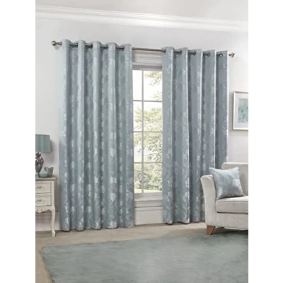 Image of Emma Barclay Blossom Lined Eyelet Jacquard Curtains in Duck Egg Width 46 x Drop 54&quot; (116 137cm), BLOS4654DUC