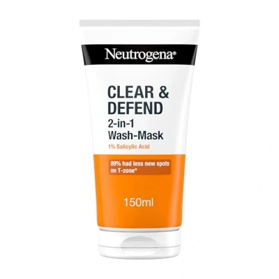 Image of Neutrogena Clear &amp; Defend 2 in 1 Wash Mask (1x 150ml), Purifying Face and Clay for Oily, Spot Prone Skin, with 1% Salicylic Acid Clearer Skin to Help Prevent Breakouts