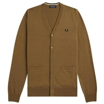 Image of Fred Perry Mens Unisex K9551 Classic Knit Button Through Wool Blended Cardigan in Shaded Stone Size Small