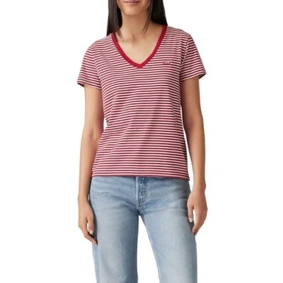 Image of Levi&#039;s Perfect V NECK Print Tshirt, Women&#039;s, Size: XXS, Indigo stripe scarlet smile