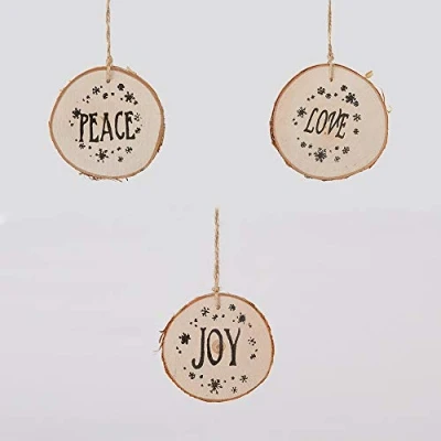 Image of SHATCHI Set of 3 Wooden Ornament Hanging Xmas Love, Joy, Peace 10cm Size Approx Christmas Tree Decorations, Brown