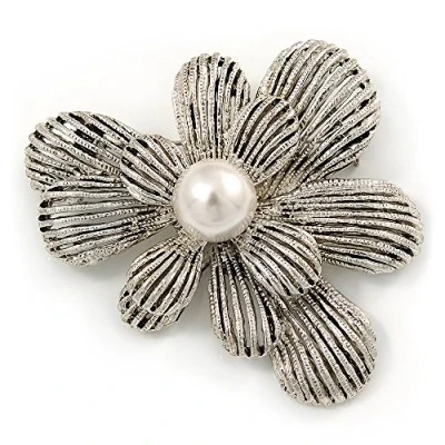Image of Avalaya Vintage Inspired Layered Textured Flower Brooch in Silver Tone Metal 60mm