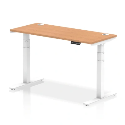 Image of Air 1400 x 600mm Height Adjustable Desk Oak Top Cable Ports White Leg