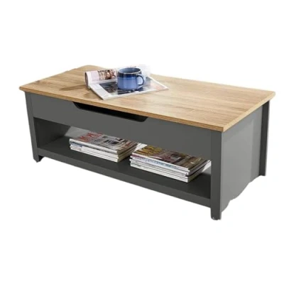 Image of Home Source Avon Coffee Table Lift Up Occasional Reception Storage Shelf Adjustable Oak Top, MDF, Dark Grey