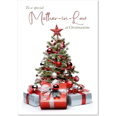 Image of doodlecards Mother in Law Christmas Card Tree and Parcels Large A4 Size for with Plain Envelope