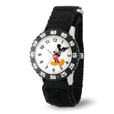 Image of Disney By Ewatchfactory Kids Mickey Mouse Quartz Watch with White Dial Time Teacher Display and Black Nylon Strap W000001
