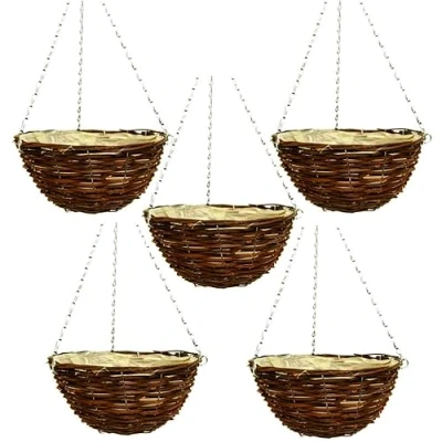 Image of Fyne Finds Set of 5, 36cm 14Inch Dark Brown Wicker Hanging Basket Lined Rattan Willow Planter With Liner Metal Chain