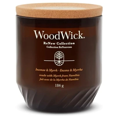 Image of WoodWick Renew Scented Candle with Crackling Wick Incense &amp; Myrrh Medium Plant Based Soy Coconut Wax Blend Made Recycled Materials Perfect Gifts for Women