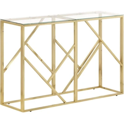 Image of vidaXL Console Table Gold Framed Stainless Steel with Clear Tempered Glass Top, 90x30x70cm Modern Accent Furniture for Hallway, Bedroom, Living Area