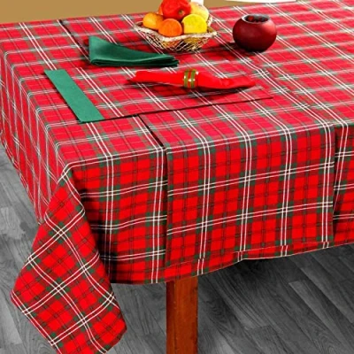 Image of HOMESCAPES Christmas Tablecloth Edward Tartan Check x Mas design 54 90 Inch 100% Cotton White Green and Red Colour Washable at Home