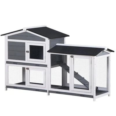 Image of PawHut Rabbit Hutch Guinea Pig Wooden House with Run, 2 Tier Pet Cage Outdoor No leak Plastic Trays, 157.4 x 53 93.5cm, Grey