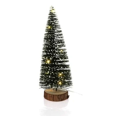 Image of LED Bottle Brush Christmas Tree Snowy Green Light up Festive Snow flocked Pine Village 30cm