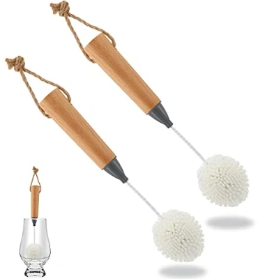 Image of 2PCS Wine Glass Cleaning Brush Flute and Stemware Non Scratch Foam Bristle with Wooden Handles for Champagne Flutes Glassware Drinking Cleaner Tool