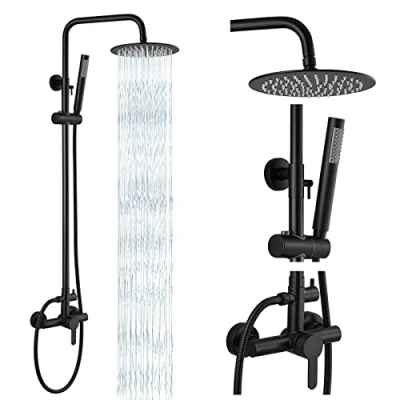 Image of gotonovo Matte Black Outdoor Shower Fixture Rainfall Single Handle System Set High Pressure Wall Mount 2 Dual Function 8 Inch Head and Handheld Spray SUS304 Faucet Combo