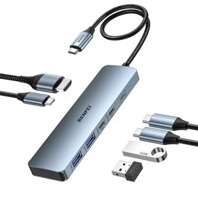 Image of BENFEI USB C HUB 6 in 1 with HDMI(4K@60Hz), 100W Power Delivery, 10Gbps 2*USB A and C, Silicone Cable, Aluminum Case Compatible iPhone 15 Pro/Max, MacBook, iPad Pro, iMac, S23, XPS17
