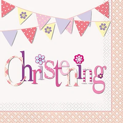Image of Pink Bunting Christening Luncheon Paper Napkins (16cm) Pack of 16 Premium Party for Baptism &amp; Dedication Celebration