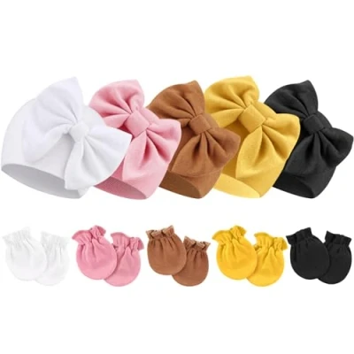 Image of DRESHOW Newborn Baby Girls Hats Mittens Set Hospital Hat Beanie Infant Cotton Gloves No Scratch 0 6 Months