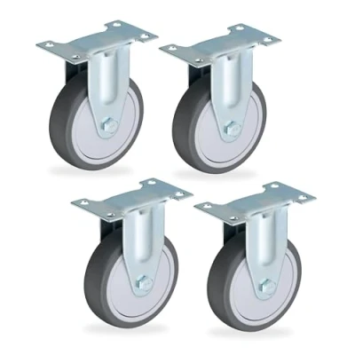 Image of Relaxdays Fixed Castors, 4 Pack, 100 mm, TPR, Steel Plate, Ball Bearings, Non Marking, Noise Reducing, Grey/Silver