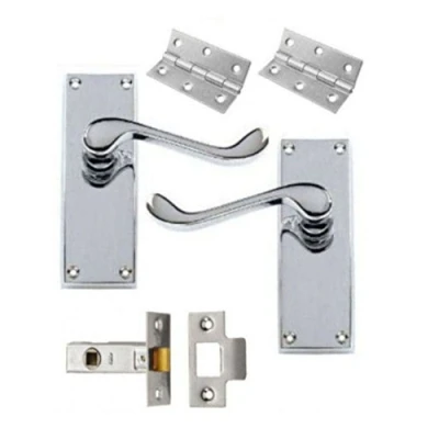 Image of Discount Hardware uk Victorian Scroll Polished Chrome Door Handle Latch Pack + Hinges &amp; 64mm