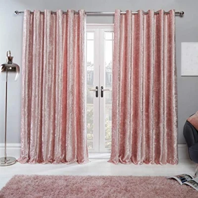 Image of Sienna Crushed Velvet Eyelet Ring Top Pair of Fully Lined Curtains Blush Pink, 66&quot; x 72&quot;