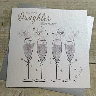 Image of WHITE COTTON CARDS DAUGHTER BIRTHDAY, 4 SPARKLER FLUTES LARGE BIRTHDAY CARD, HAND FINISHED (XD122 P)