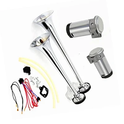 Image of YIYDA air Horn Car 165db Truck Electric 12V Silver Chrome Zinc Double tube Trumpet loud Alarm Speaker with two Compressor pump for any Lorry boat SUV etc