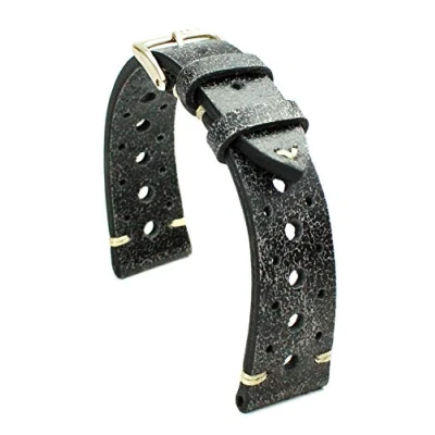 Image of RIOS1931 Rallye Gold Vintage Cowhide Leather Watch Strap Handmade in Germany Robust 20 mm Scratched Black